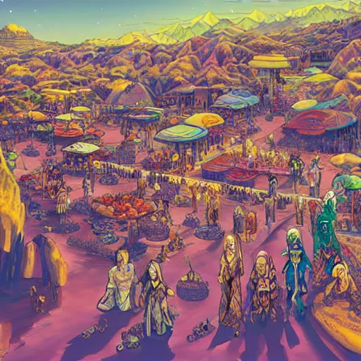 Image similar to a beautiful painting of a desert marketplace filled with alien people by hirohiko araki, detailed line art, jojos bizarre adventure