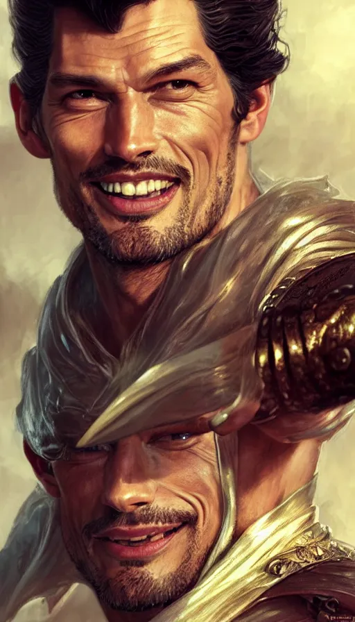 Prompt: david gandy, charming, laughing, fit, cunning, robe, warhammer, lord of the rings, sweaty, intricate, highly detailed, digital painting, artstation, concept art, smooth, sharp focus, illustration, unreal engine 5, 8 k, art by artgerm and greg rutkowski and alphonse mucha