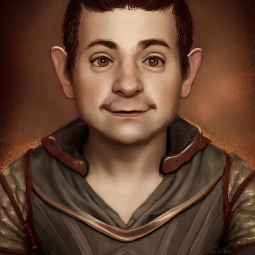 Image similar to realistic portrait of a halfling male, happy, bard, short hair, lute, intricate details, cinematic, photo, fantasy, medieval, trending on artstation, in the style of wizards of the coast