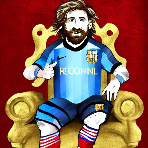 Image similar to dwarf messi sitting on a throne with argentina shirt, digital drawing, fantasy