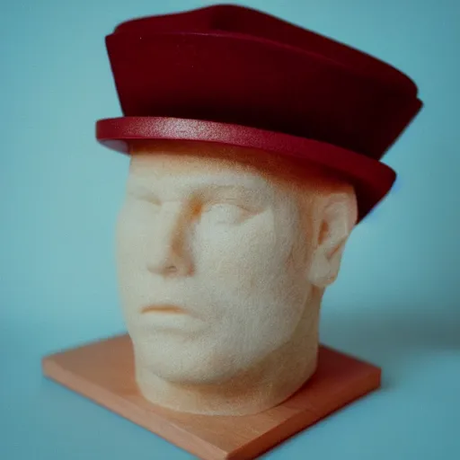 Prompt: photo of man head wearing a fedora soap sculpture, cinestill, 8 0 0 t, 3 5 mm, full - hd