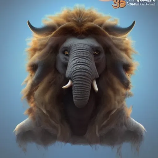 Image similar to a new creature that looks like a combination between an elephant and a lion, has a trunk and big ears yet also fur and a beautiful mane, very furry , concept art, trending on artstation 3D.