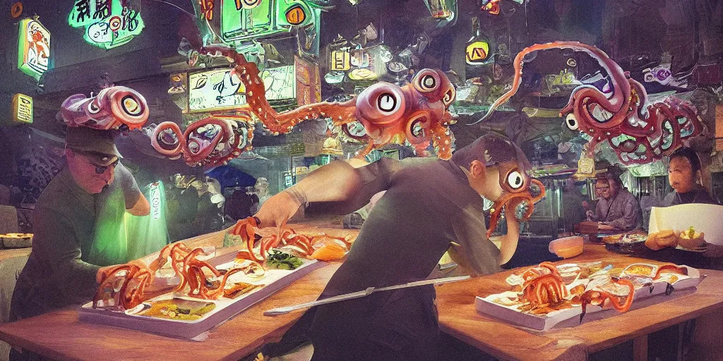 Prompt: Dreamt in 14.53s for @jbiziou's !dream photo highly detailed, of, a giant translucent iradescant octapus stealing all the knives from a sushi restaurant at 3 am in the morning, humorous and weird, in the style of national geographic magazine dramatic cinematic lighting