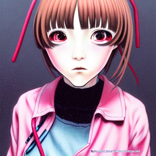Image similar to full view of girl from serial experiments lain, style of yoshii chie and hikari shimoda and martine johanna, highly detailed