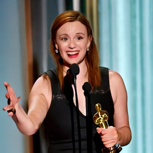 Image similar to an actress giving academy awards acceptance speech in the spotlight on the stage