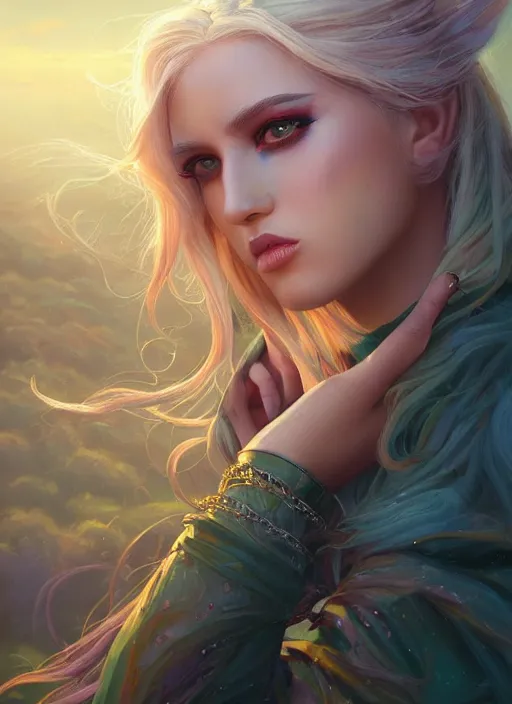 Image similar to girl with iridescent hair, beautiful highly detailed face, complementary lighting, backlit, eyeshadow, lipstick, divine, dramatic lighting, landscape background, beautiful painting by artgerm and greg rutkowski and raymond swanland