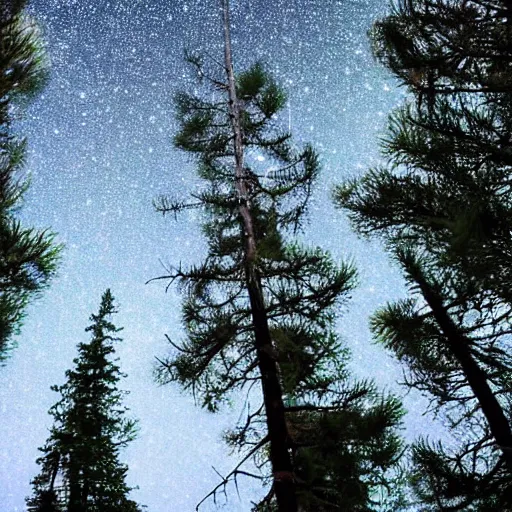 Image similar to Pine trees, night sky, radio telescope, unknown mysteries, unknown signals from outer space