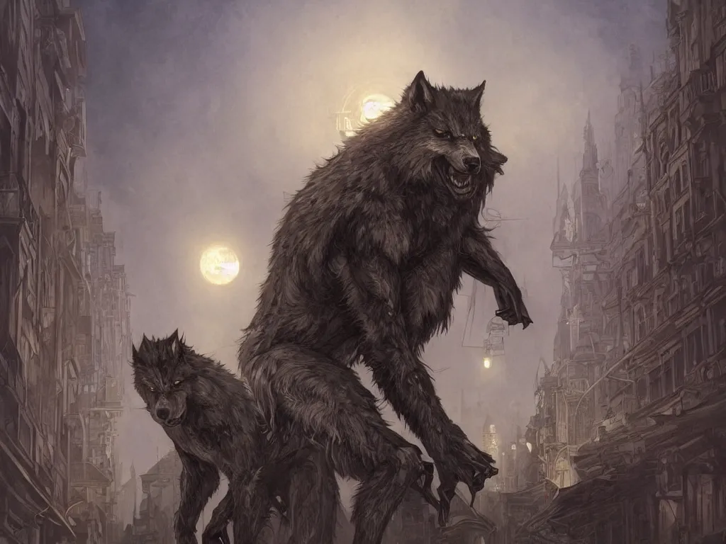 Prompt: urban fantasy Painting of a wolfman at night, creepy, highlights, dodge and burn, thriller, mystery, intricate, wild, highly detailed, digital painting, artstation, concept art, smooth, sharp focus, illustration, art by artgerm and greg rutkowski and alphonse mucha
