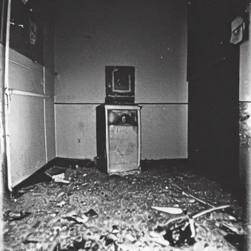 Image similar to Photograph of an abandoned 1940s bedroom in Silent Hill, creepy monster from Ringu, dark, no lights, moist, taken using a film camera with 35mm expired film, bright camera flash enabled, award winning photograph, creepy, liminal space