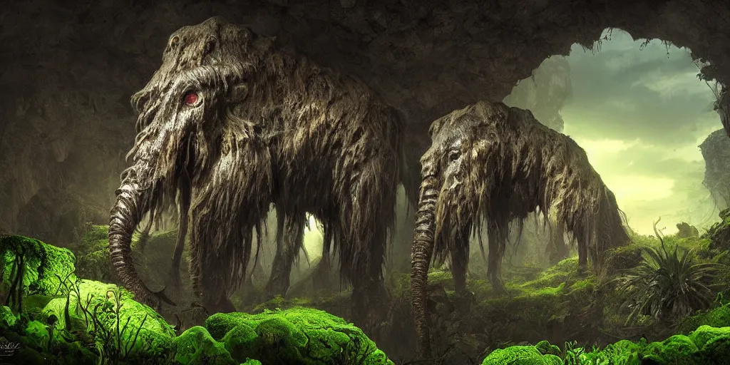 Prompt: magnificent mechanical steampunk mammoth looking eerily into a cave entrance with lush vegetation and mystical (((glowing algae))) in the sunset, desaturated, creepy ambiance, dangerous, sharp focus, highly detailed, artgerm