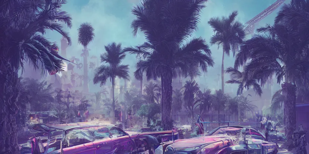 Image similar to Cyberpunky Marrakech, palm tree, Flying vehicles ,Moroccan mosque ,WLOP, James Jean, tom bagshaw, rococo, neon lights ,trending on artstation, fantasy, intricate, elegant, highly detailed, digital painting, concept art, smooth, illustration, cinematic lighting, hyper realism, octane render, 8k, hyper detailed.