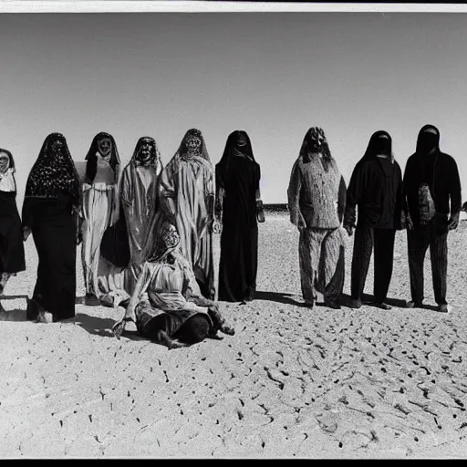 Image similar to vintage photo group portrait of a esoteric cult members in desert, early black and white 8mm, wear red tunics and gold mask and jewels