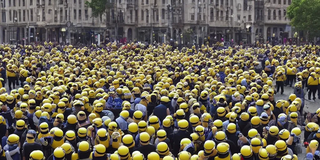 Image similar to minions in chains being marched through a city square, they are crying. far away shot