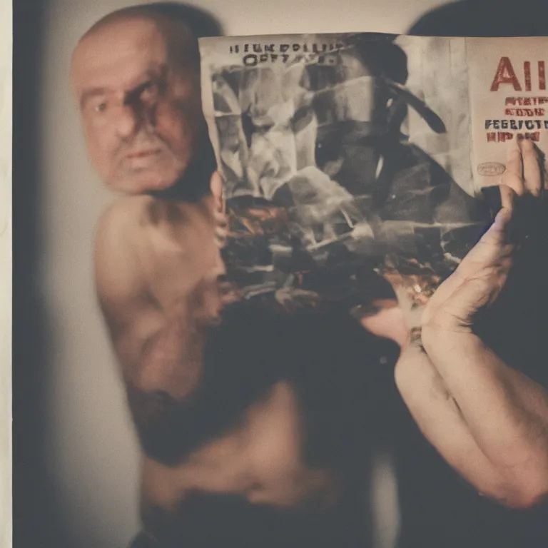 Prompt: realistic exposed expired fuji film portrait of a man holding up a magazine named ai, hyperrealism, hypermaximalism, photorealistic, detailed, atmospheric, 8 k, award winning photography, cinematic