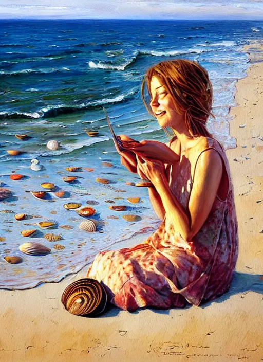 Image similar to she sells sea shells by the sea shore; painting by Jon foster.