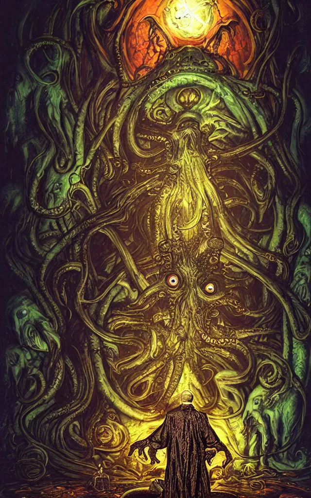 Image similar to pope priest in front of a cthulhu within a viscosity fluid lovecraft portal artwork by android jones, smooth lighting, detailed