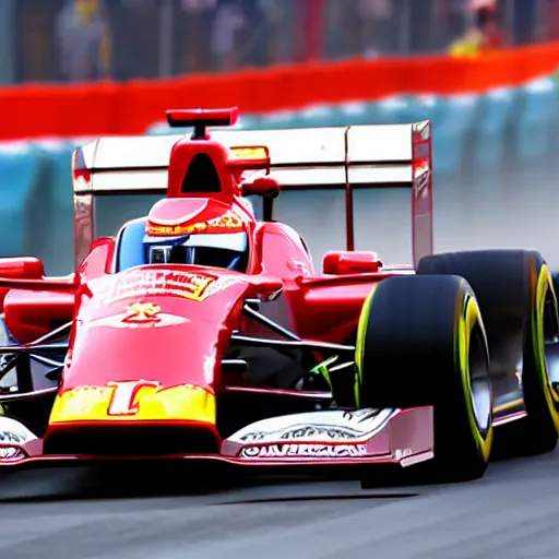 Image similar to lightning mcqueen from the movie cars driving in a formula one race on spa francorchamps, f 1, cars, highly detailed, golden hour,