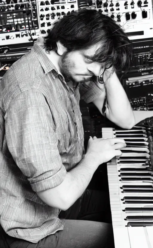 Prompt: portrait of an extremely frustrated sophisticated male electronic serialist compser with long brown hair in front of his broken synthesizer, all ruined, expressionist grid photo, masculine, brutal