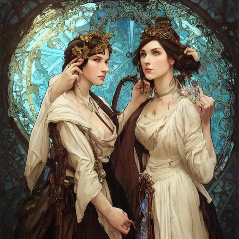 Image similar to Portrait of female cleric with kerchief covering her ears. Blue eyes, black hair, porcelain skin, full lips, high slanted cheekbones. Magical glow. Fantasy art by artgerm and greg rutkowski and alphonse mucha, intricate, elegant, highly detailed, dramatic lighting, digital painting, concept art, illustration, award winning on artstation, D&D, AD&D.