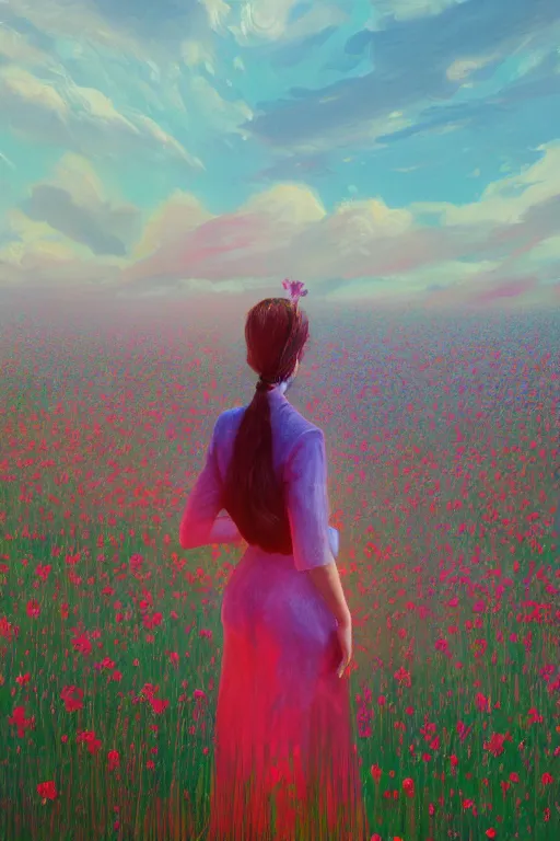 Image similar to closeup, giant flower head, girl in suit standing in a field of flowers, surreal photography, sunrise, blue sky, dramatic light, impressionist painting, digital painting, artstation, simon stalenhag