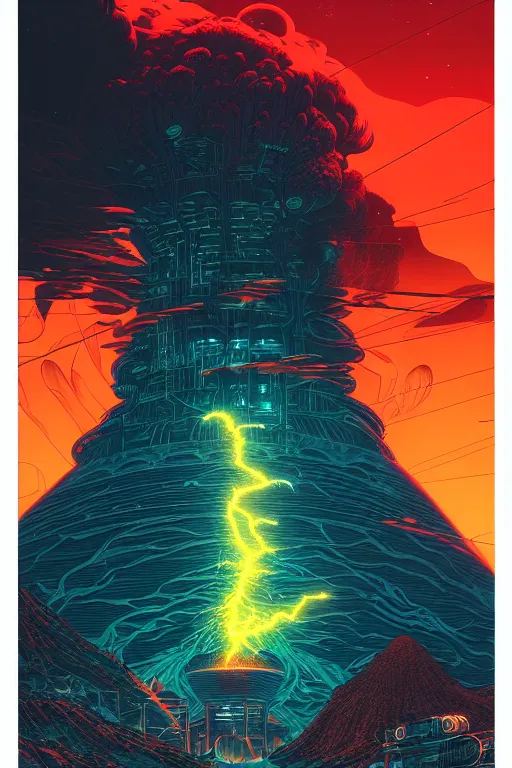 Image similar to artwork by kilian eng and ( dan mumford ) and toshi yoshida and franklin booth showing a futuristic powerstation!! in front of a ( ( exploding volcano ) ), vintage scifi, high details, dramatic lightning,, 8 k