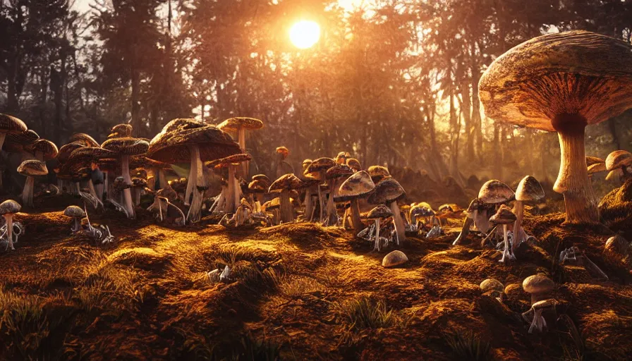 Image similar to hyper realistic highly detailed nature photography of mushroom skeleton zombies, prehistoric planet, volumetric lighting, octane render, 4 k resolution, golden hour