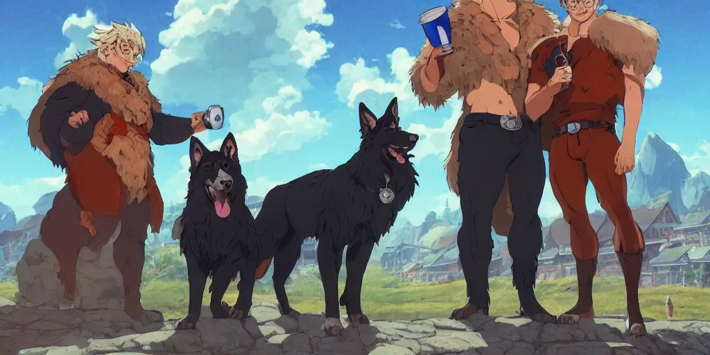 Image similar to a two muscular german shepherds beast - men, holding a mug of beer, a lot of pockets, fur cape, tavern background, magical, bright, colorful, fantastic lighting, amazing details, 4 k uhd, illustration by hayao miyazaki and makoto shinkai and ilya kuvshinov, artstation, pixiv,