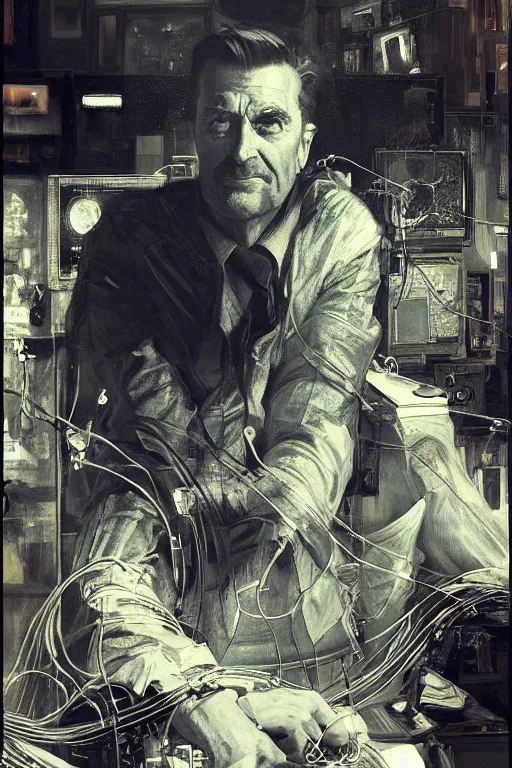 Image similar to hyperrealist portrait of rod sterling, it is decorated with wires and monitors in the background. by jeremy mann and alphonse mucha, fantasy art, photo realistic, dynamic lighting, artstation, poster, volumetric lighting, very detailed faces, 4 k, award winning