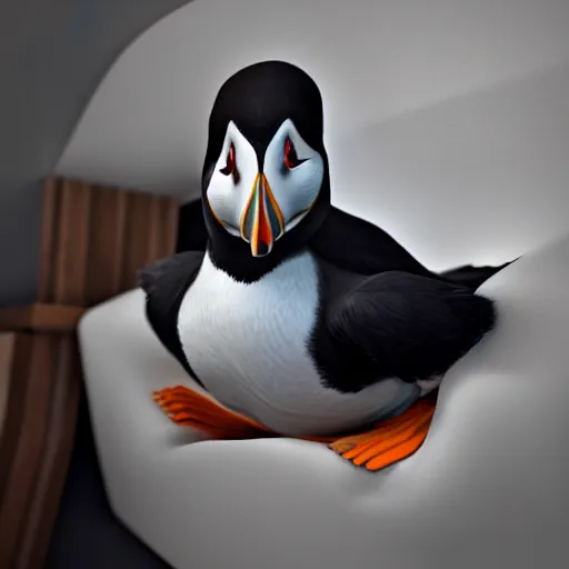 Image similar to puffin in a bed, Ultra realistic illustration, concept art, cgsociety, octane render, trending on artstation, artstationHD, artstationHQ, unreal engine, 4k, 8k --height 768