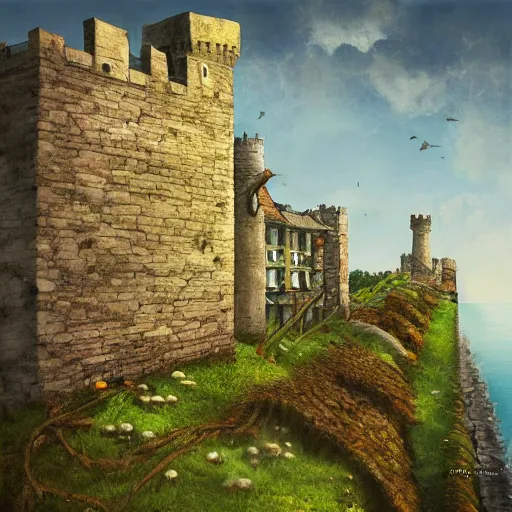 Prompt: old overgrown castle wall at the seaside, sparrows nesting in the cracks, artstation, album cover, digital oil on canvas