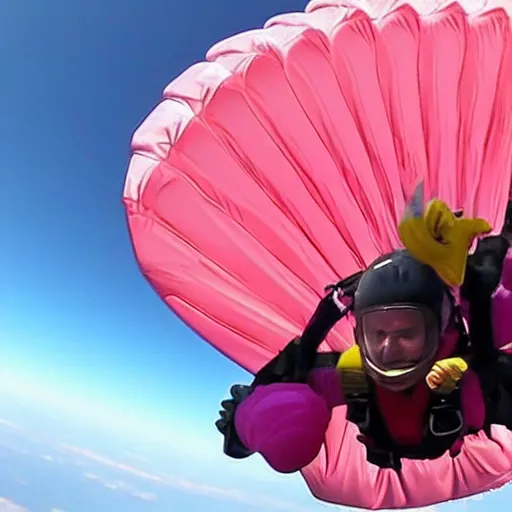 Image similar to real image of garfield skydiving with a pink parachute