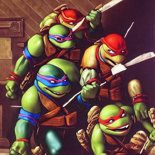 Image similar to teenage mutant ninja turtles by caravaggio, detailed oil painting