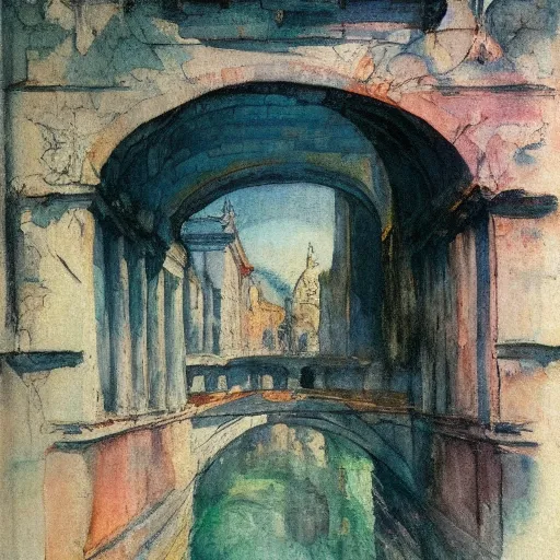 Prompt: the bridge of sighs in the style of vrubel, watercolor, pastel colors, chiaroscuro, bleached colors