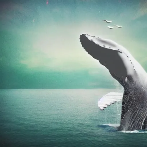 Image similar to photomanipulation of a huge whale that has tiny fairy wings