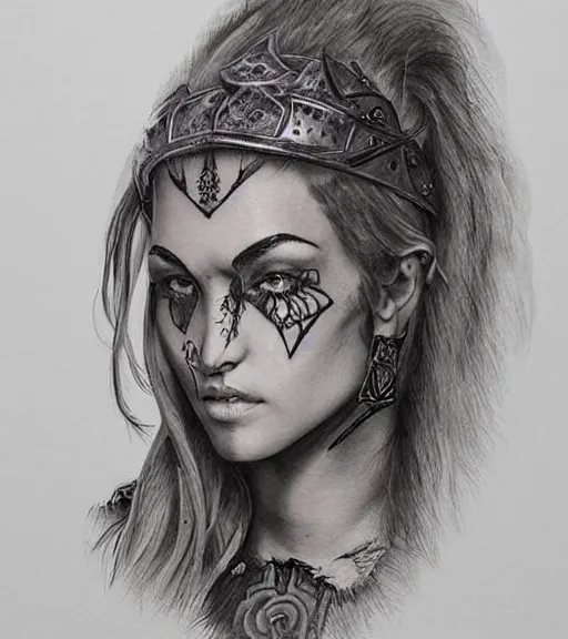 Image similar to tattoo design on paper of a hyper realistic beautiful girl warrior, hyper detailed, inspired by eliot kohek