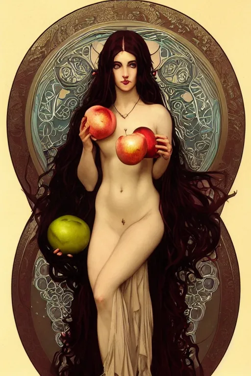 Image similar to Art Nouveau Lilith, Empress of the moon, Sensual occult esoteric woman holding an apple, full body portrait, headshot, D&D, fantasy, highly detailed, digital painting, artstation, concept art, sharp focus, illustration, art by artgerm and greg rutkowski and alphonse mucha