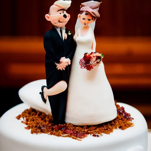 Image similar to a wedding cake made of bacon, professional food photo, bride and groom on top of the wedding cake,