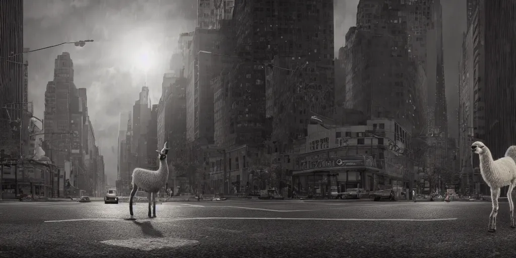 Image similar to a llama walking through a desolate manhattan city street at night, statue of liberty seen in the background, realistic 4 k octane beautifully detailed render, 4 k post - processing, highly detailed, detailed face, intricate complexity, epic composition, magical atmosphere, cinematic lighting, masterpiece, color picture, ultra hd