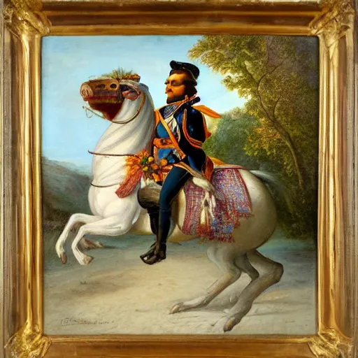 Image similar to a giant squirrel carrying napoleon bonaparte on its back, beach scene with flowers and foliage, detailed oil painting