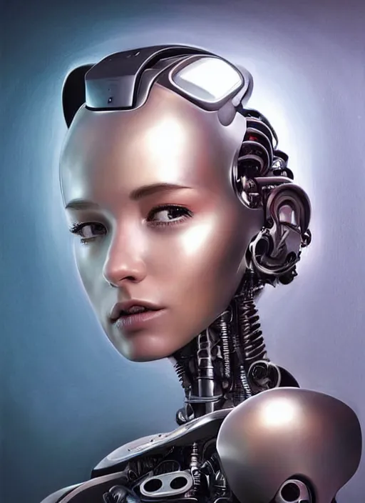 Image similar to portrait of a cyborg woman who turns her head to the (((((right))))) left!!! (((((up))))) ((((((((((down)))))))))) by Artgerm,eyes closed , biomechanical, hyper detailled, trending on artstation