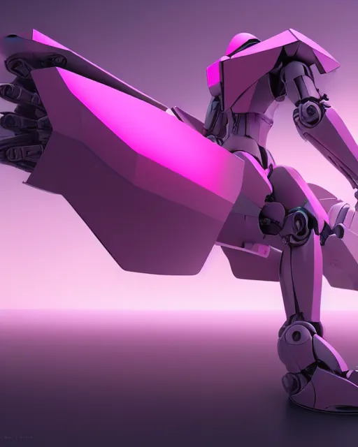 Image similar to hyperrealistic 3d render full mecha iridescent pink foggy landscape concept art vray ute osterwald de chirico sharp cinematic very moody light 8k low angle shallow depth of field