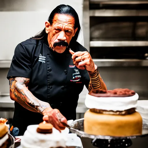 Prompt: photo of danny trejo working as a pastry chef, 8 k, 5 2 mm f 1. 8