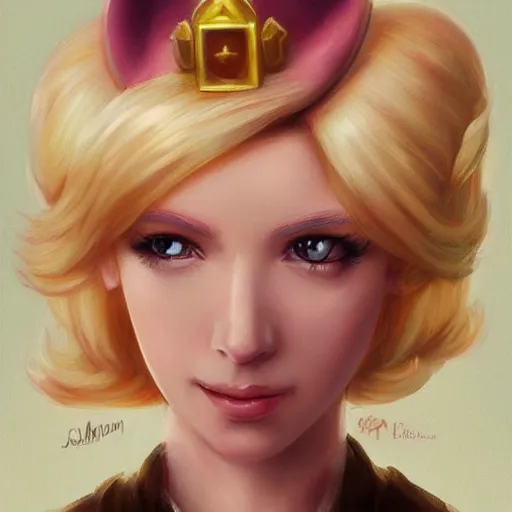 Image similar to princess peach as realistic blond pretty human character art portrait, matte fantasy painting, deviantart artstation, by jason felix by steve argyle by tyler jacobson by peter mohrbacher, cinema c 9. 0