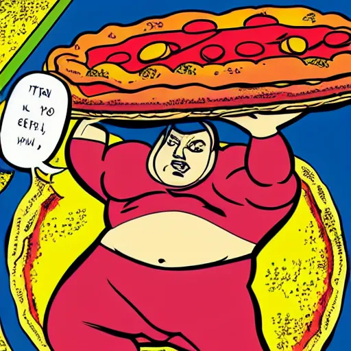 Image similar to graphic novel cover of super hero “Morbidly Obese Man” defeating a huge pizza.