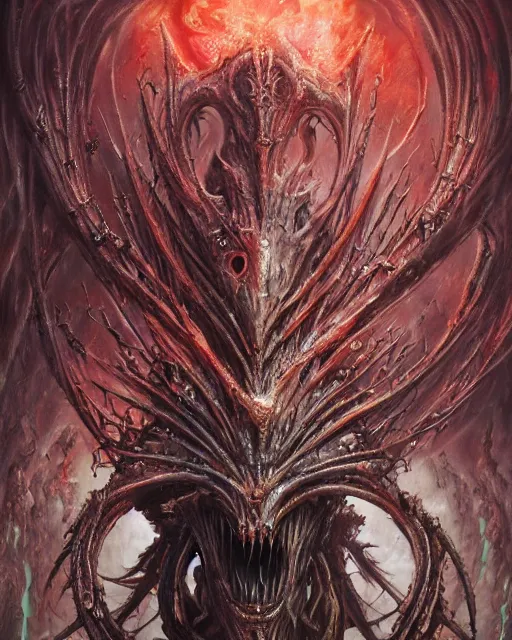 Image similar to charred bloody fleshmetal cyborg daemonhost of tzeentch, by antonio j. manzanedo, giger, alex grey, android jones, wayne barlowe, philippe druillet, raymond swanland, cyril rolando, josephine wall, harumi hironaka, cronenburg, trending on artstation