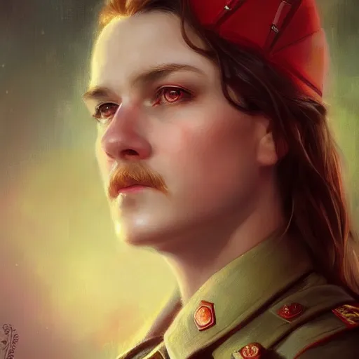 Image similar to a ( stalin ), beauty portrait, fantasy, digital art by krenz cushart, laurie greasly, wlop, artgerm, intricate, highly detailed, sharp focus, smooth, epic composition, joyful, unreal engine