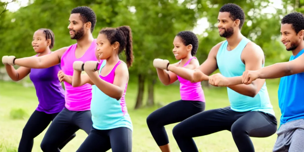 Image similar to a husband and wife exercising with four kids studying, award winning photo,