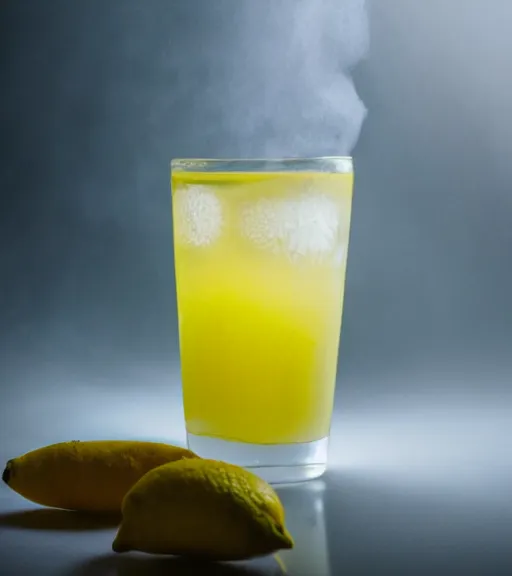 Prompt: a single glass of lemonade emitting a strange yellow glow in a dark room, a mist surrounds the scene, studio photo