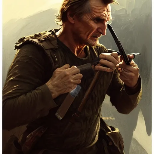 Prompt: liam neeson fighting, battling using crack pipe as weapon, war, against wolves, highly detailed digital painting, artstation, concept art, sharp focus illustration art by artgerm and greg rutkowski and alphonse mucha