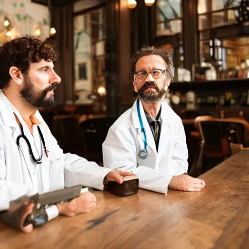 Prompt: A beautiful aesthetic portrait of an engineer and a doctor sitting in a victorian style cafe in Miami, 8k,